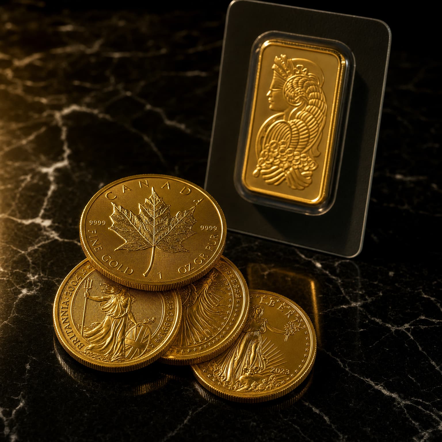 Gold bullion coins and a PAMP Suisse Lady Fortuna gold bar on polished black marble